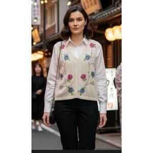 Vtg Cricket Lane Sweater Vest Cottagecore Floral Embroidered Striped Women’s M